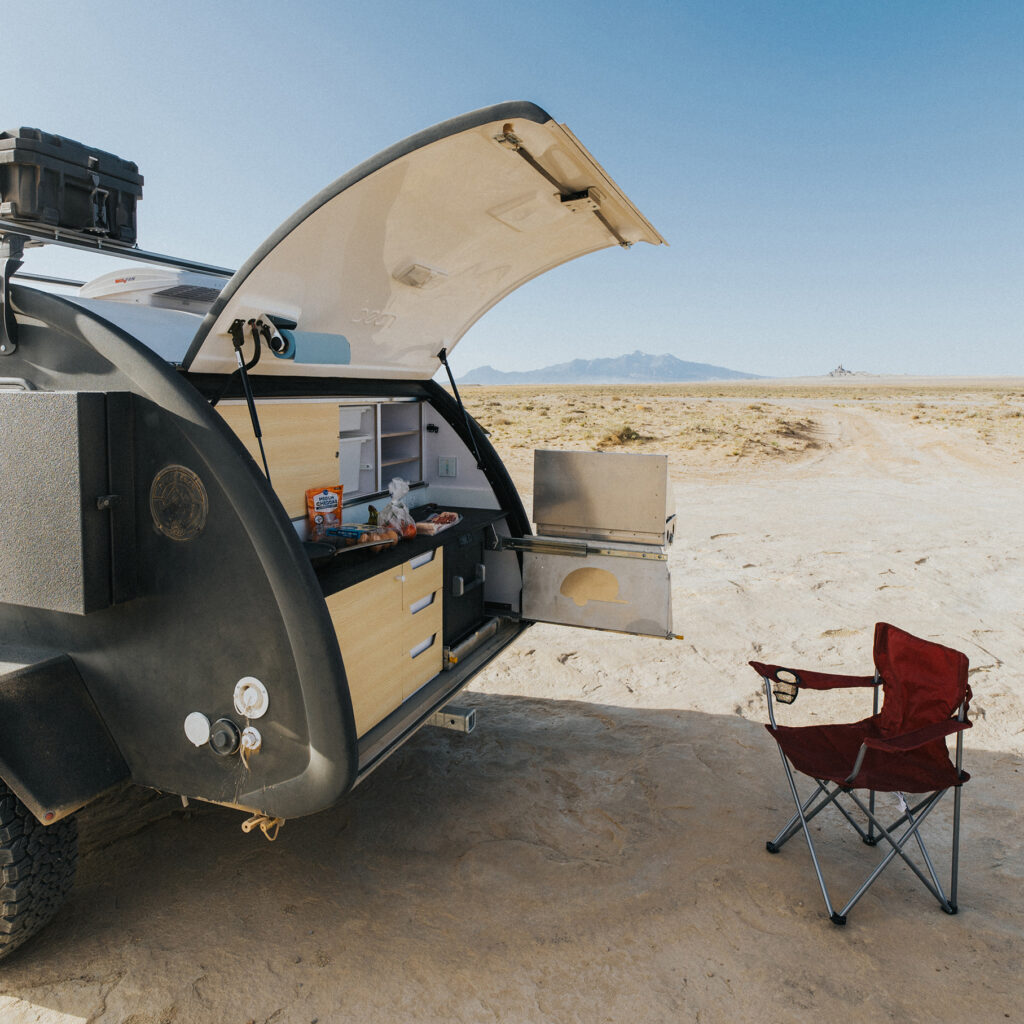 Bean trailer galley kitchen open in the desert