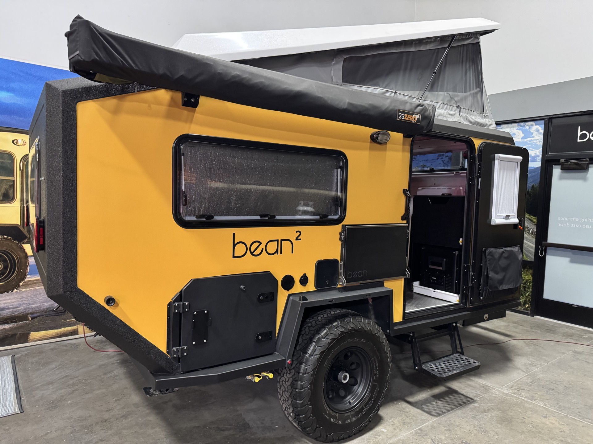 Bean² trailer with rooftop tent extended