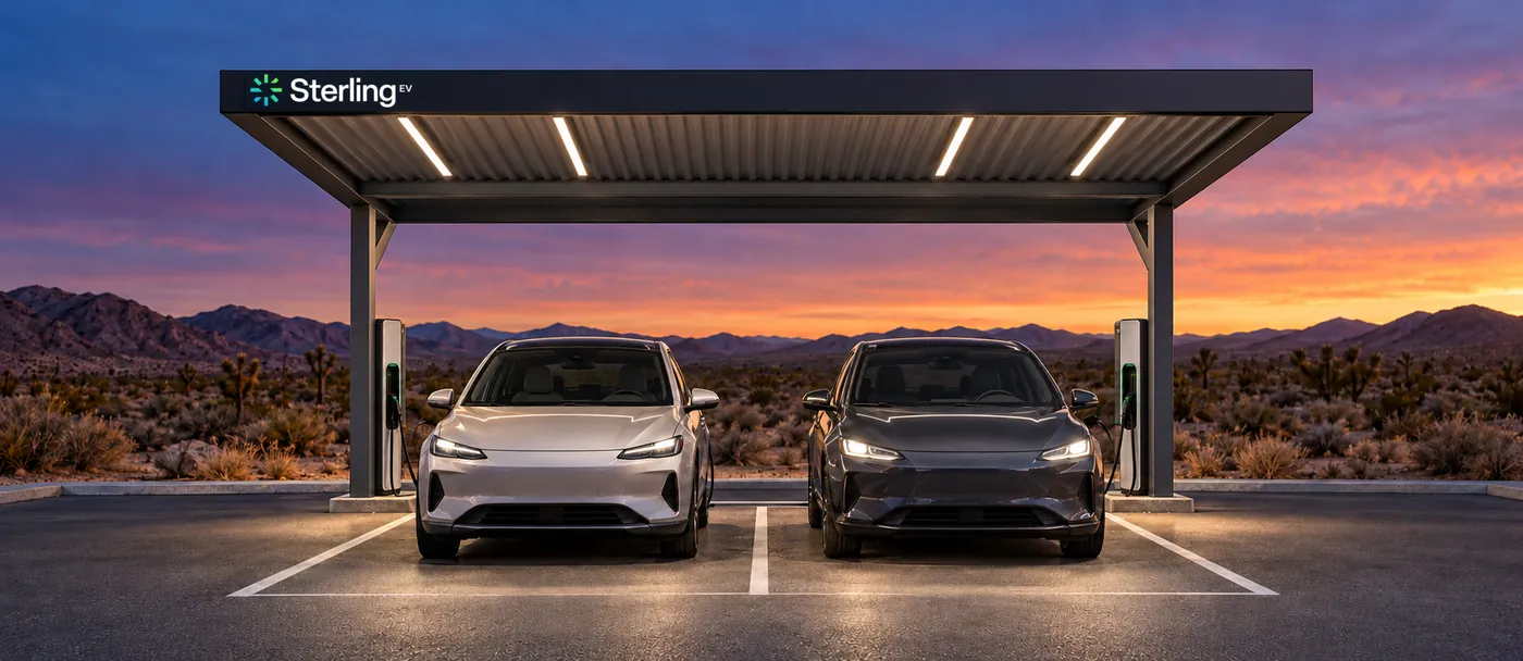 The new Sterling EV charging canopy covering two charging stalls at dusk