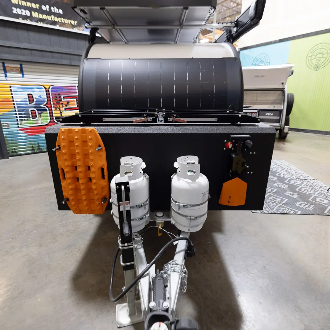 Bean trailer front detail with solar and propane