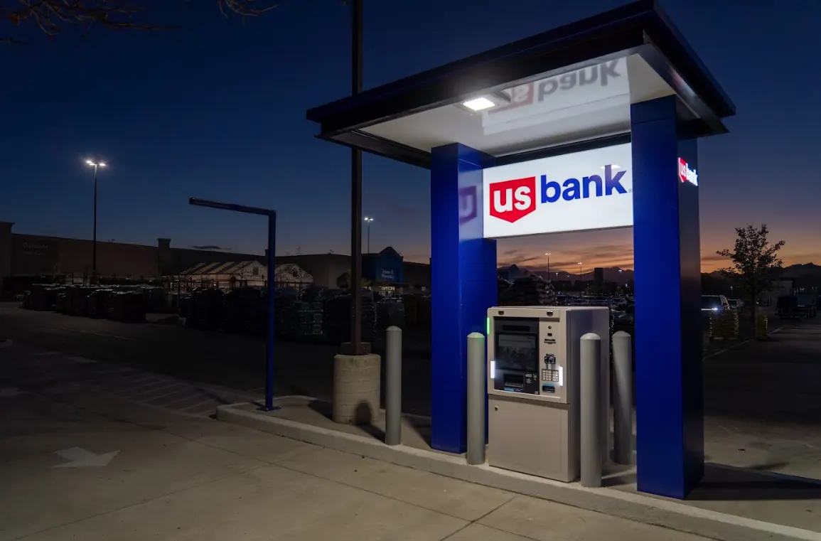 US Bank branded ATM canopy at dusk