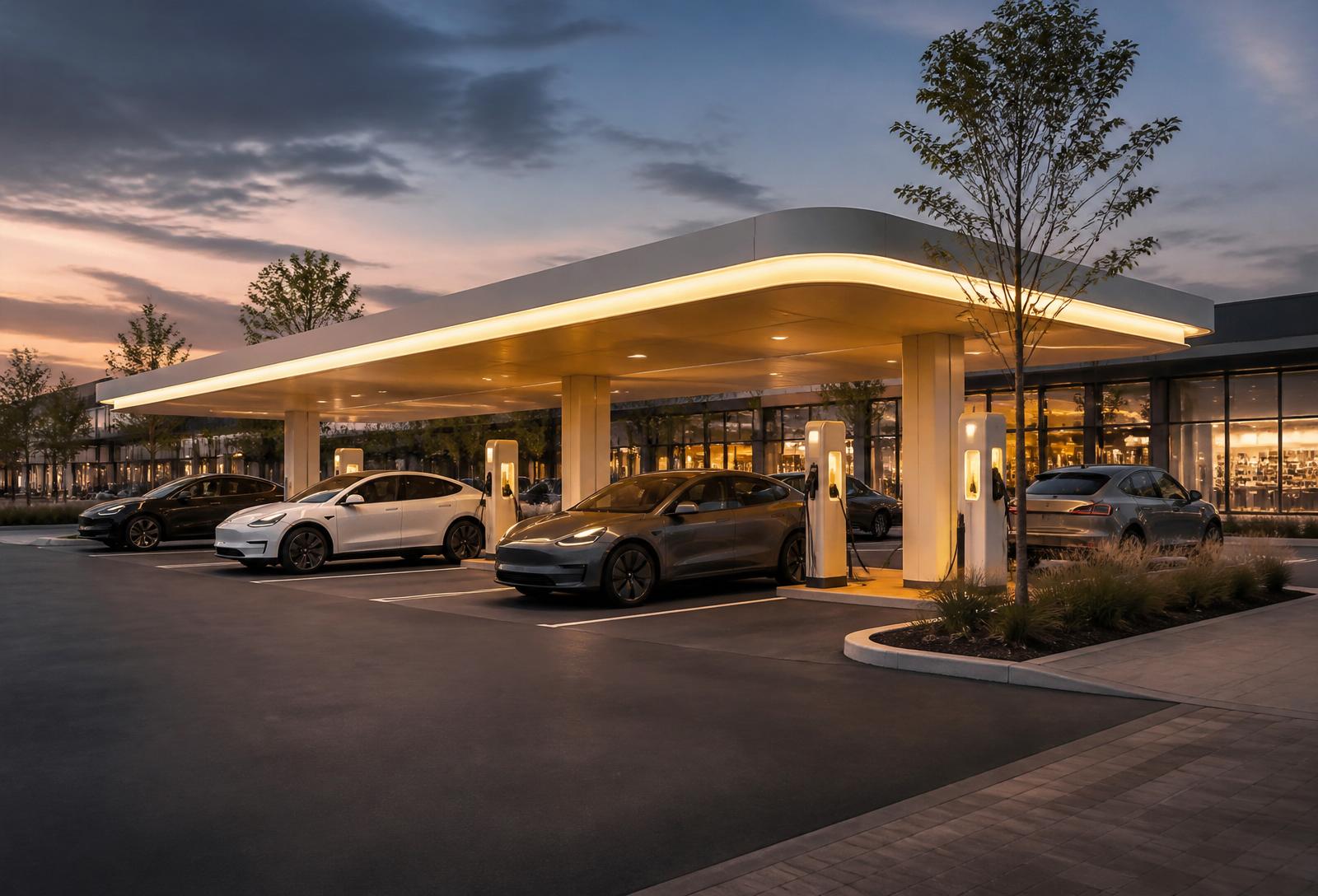 Modern retail EV charging plaza at dusk